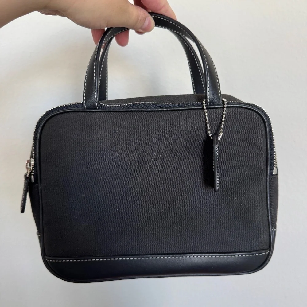Coach Double Zipper Cosmetic Canvas and Leather Black Bag Purse